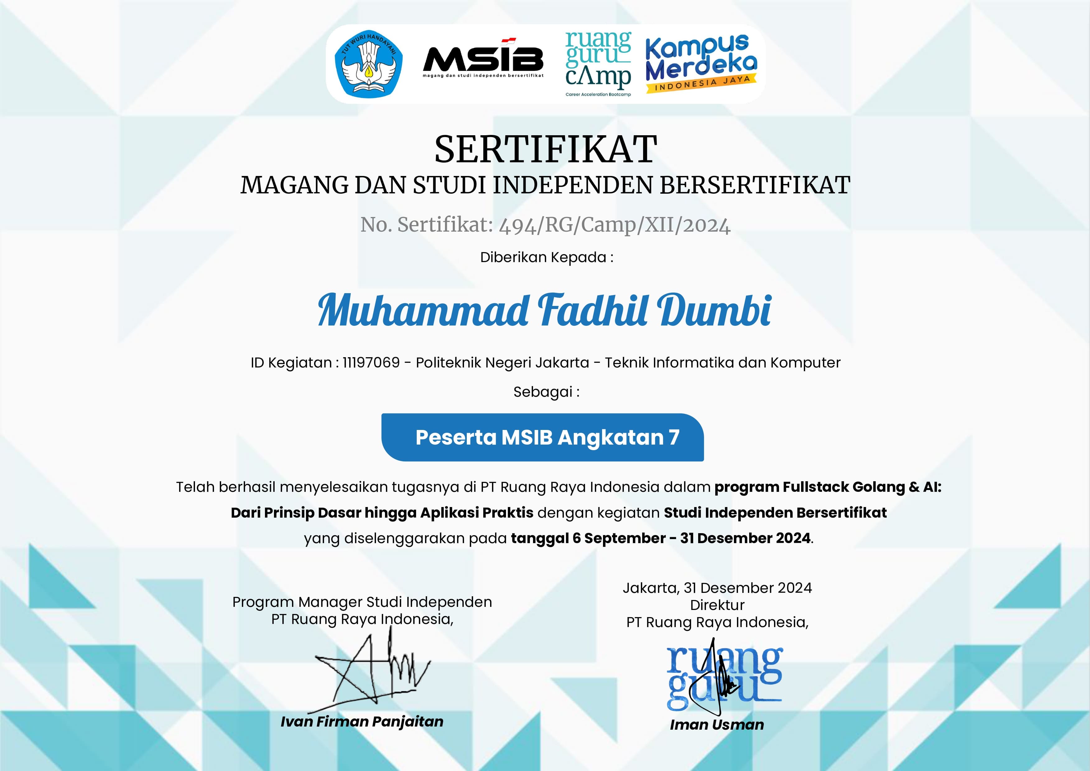 MSIB x Ruang Guru Camp Batch 7 Fullstack Golang & AI Program